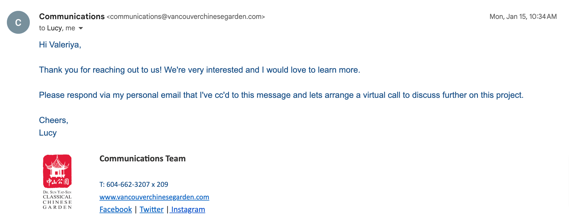 Email to Dr. Sun Yat-Sen Classical Chinese Garden